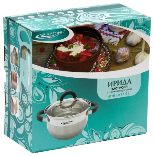 Кастрюля 1,9 л КАТУНЬ ИРИДА KT08-D-16, нерж.сталь, без покрытия, зеркальная полировка, крышка металл фото 2